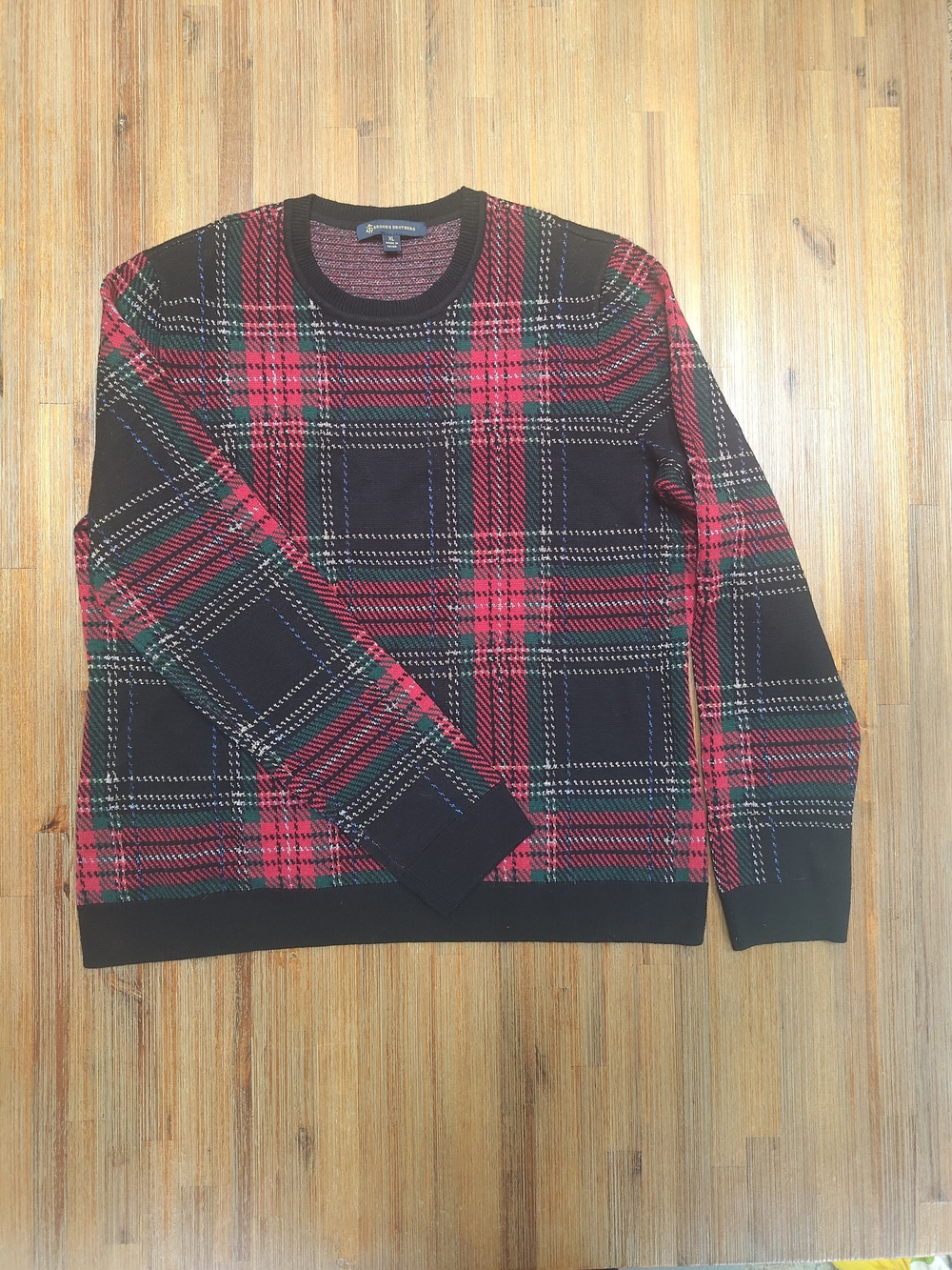 Brooks Brothers Womens Red Green Plaid Wool Blend Metallic Sweater XL